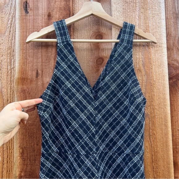 Navy Blue Plaid Tweed Midi Dress With Pockets 🌿 - Picture 9 of 12